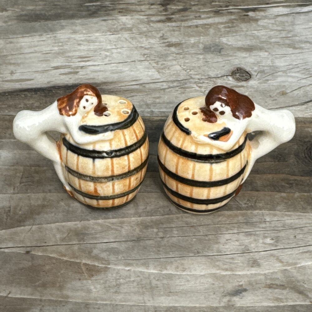 Barrel Huggers Salt & Pepper Shakers Vintage Japan Women Collectible Ceramic